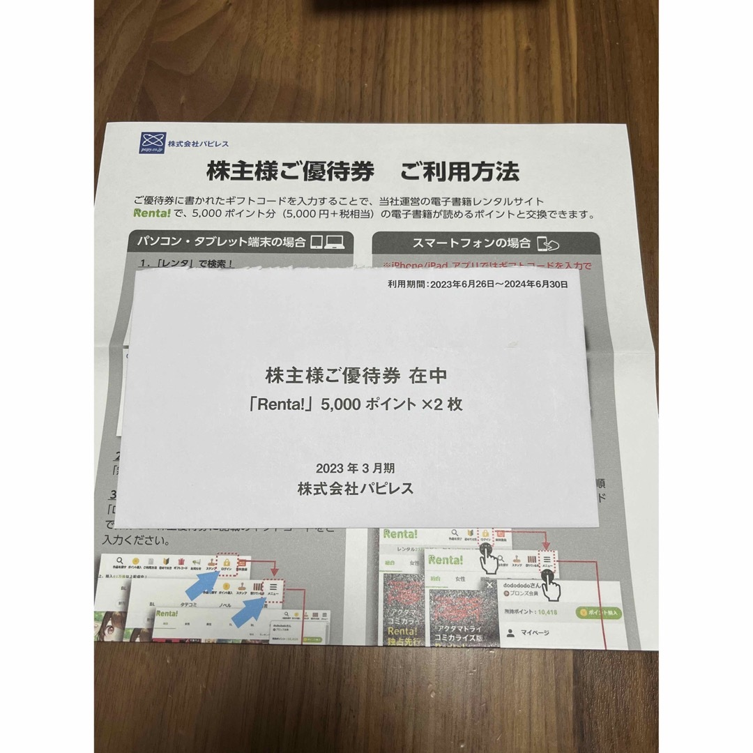 電子書籍サイトRenta! 10000ポイント 株式会社パピレス 株主優待