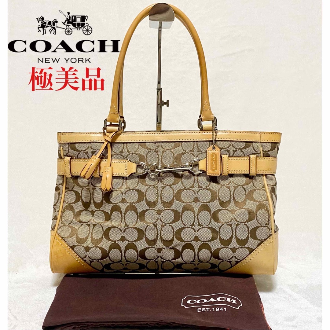 極美品！COACH コーチ キャンバス ヌメ革 シグネチャー ハンドバッグ