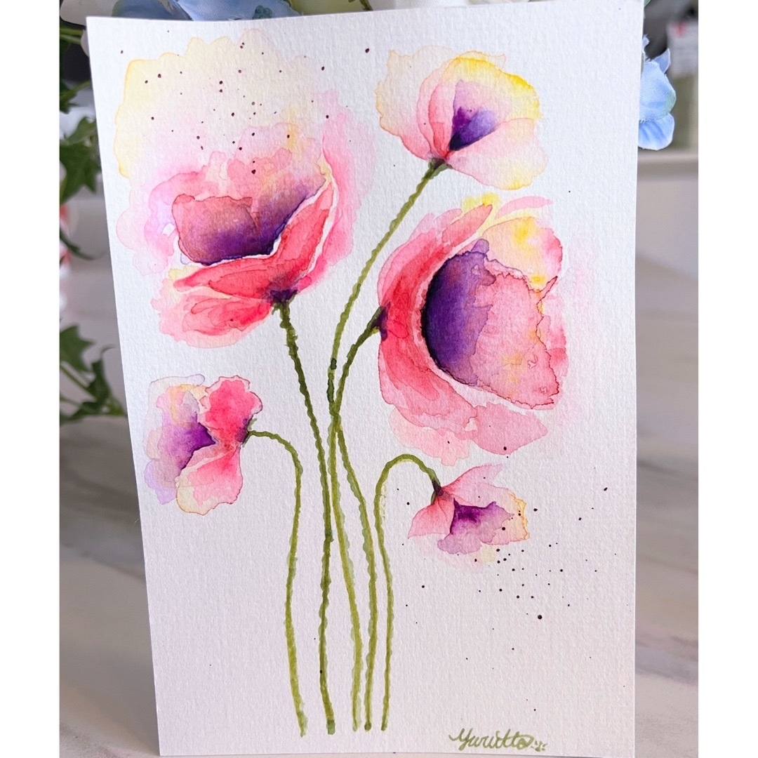 水彩画 絵画 原画『抽象花-ポピー』ピンク