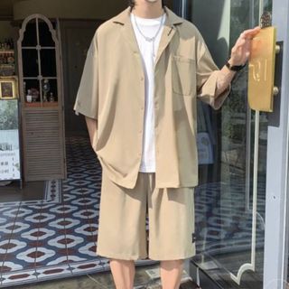 メンズ セットアップ シャツ ハーフパンツ シンプル ベージュ(その他)