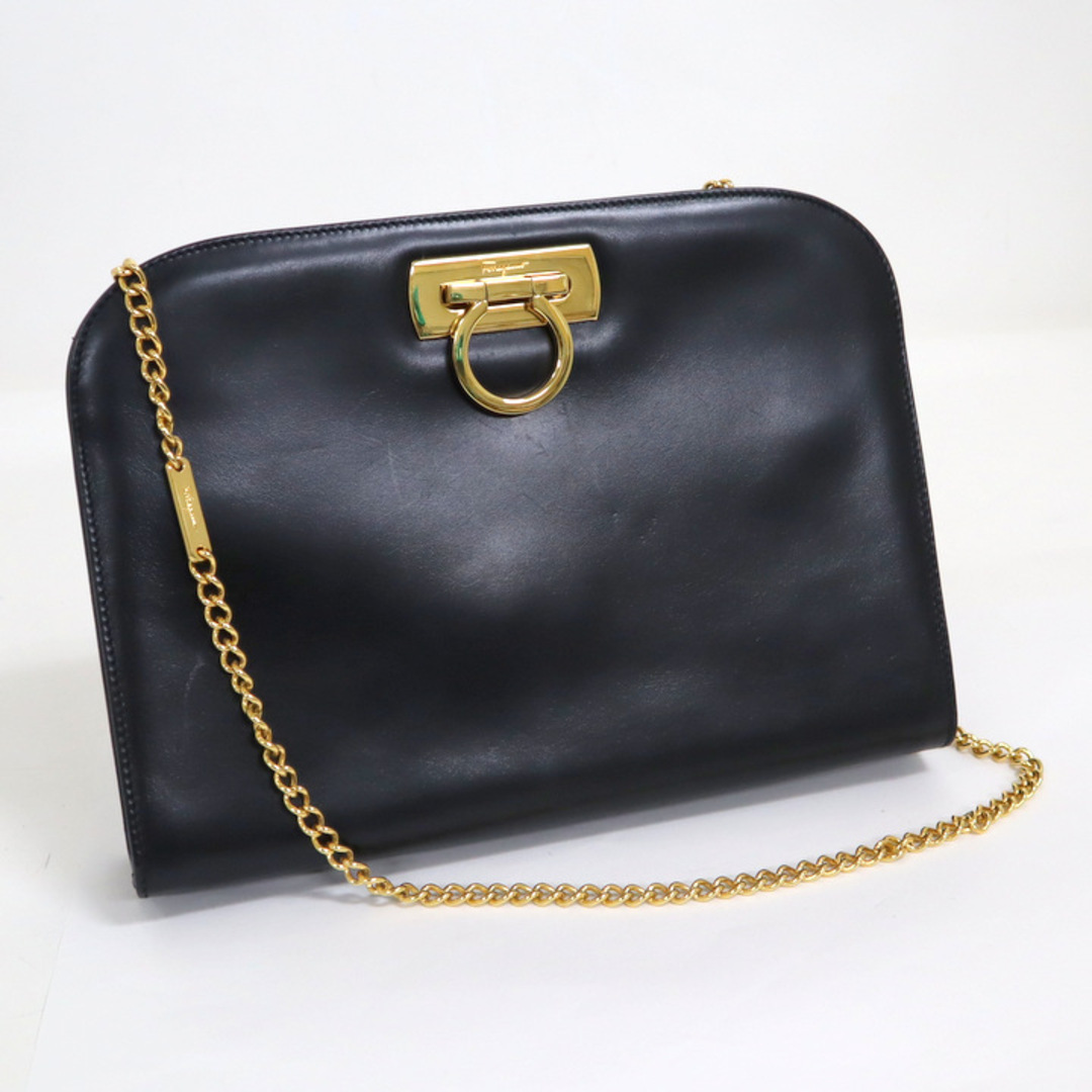 【Salvatore Ferragamo】フェラガモ ガンチーニ ショルダーバッグ ブラック×ゴールド金具 レザー P21 0587/kt07288tm