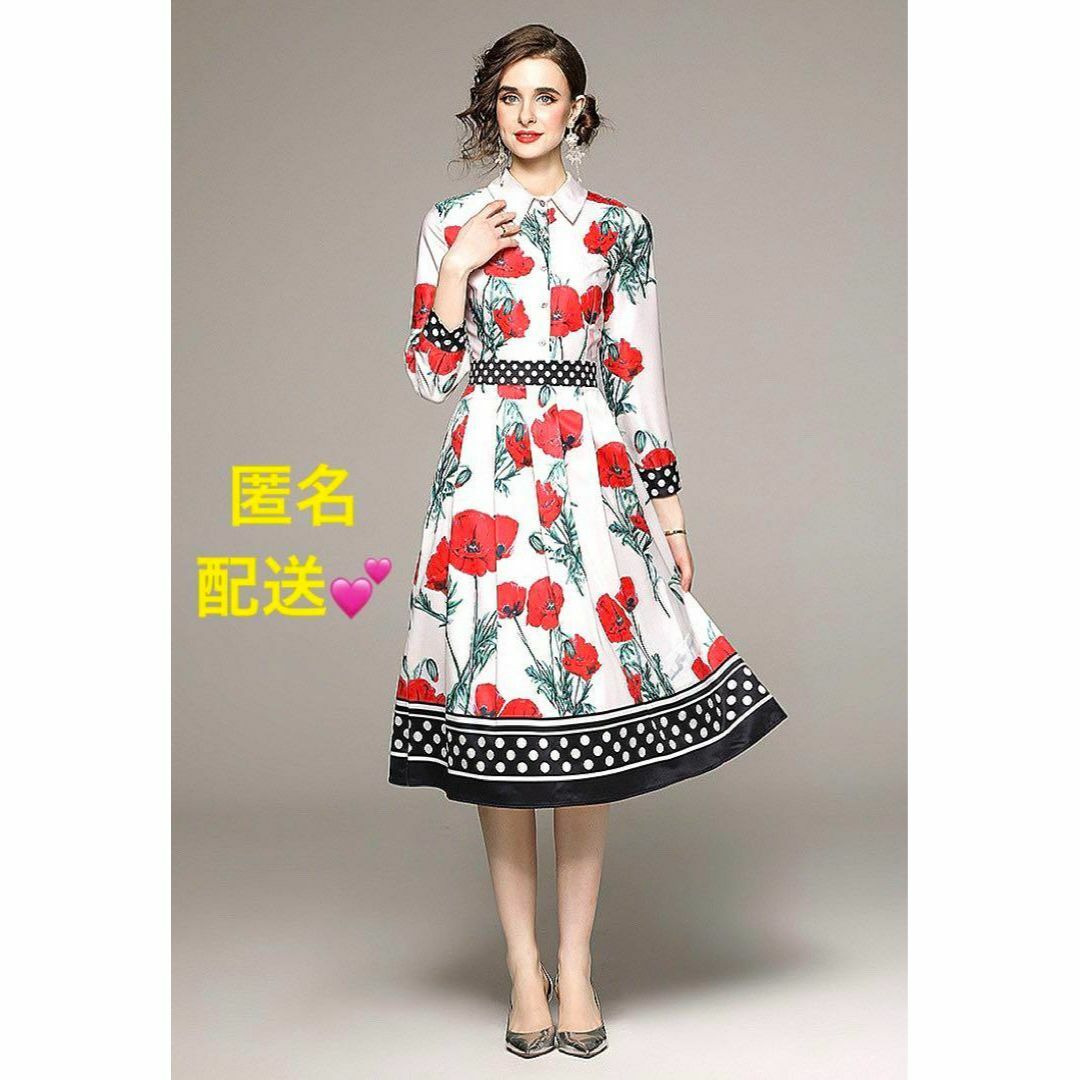 花柄シャツワンピース プリーツワンピース 切り替えデザイン 白×赤