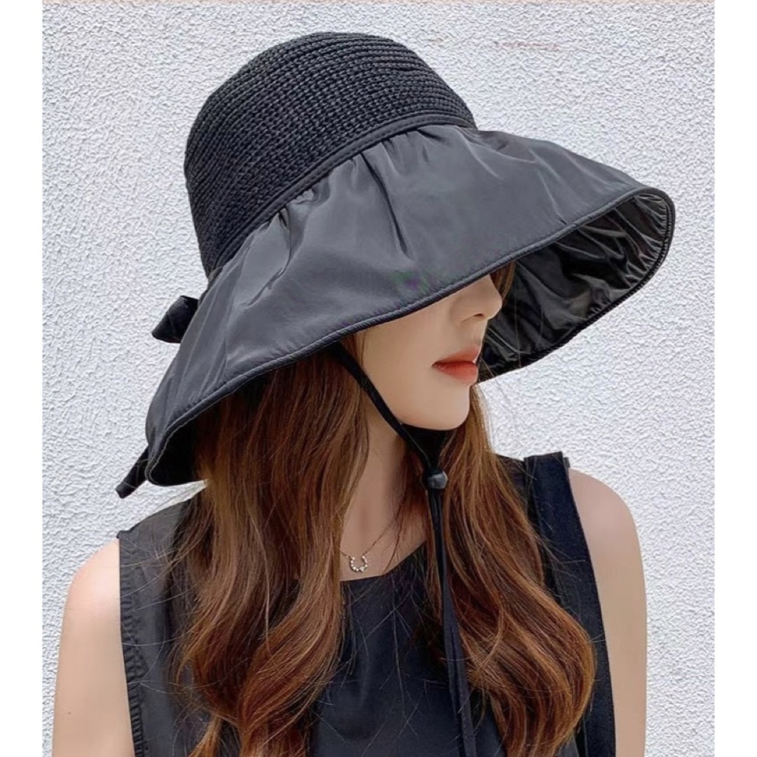 UVカット 紐付き ストローハット 女優帽 ブラック 未使用
