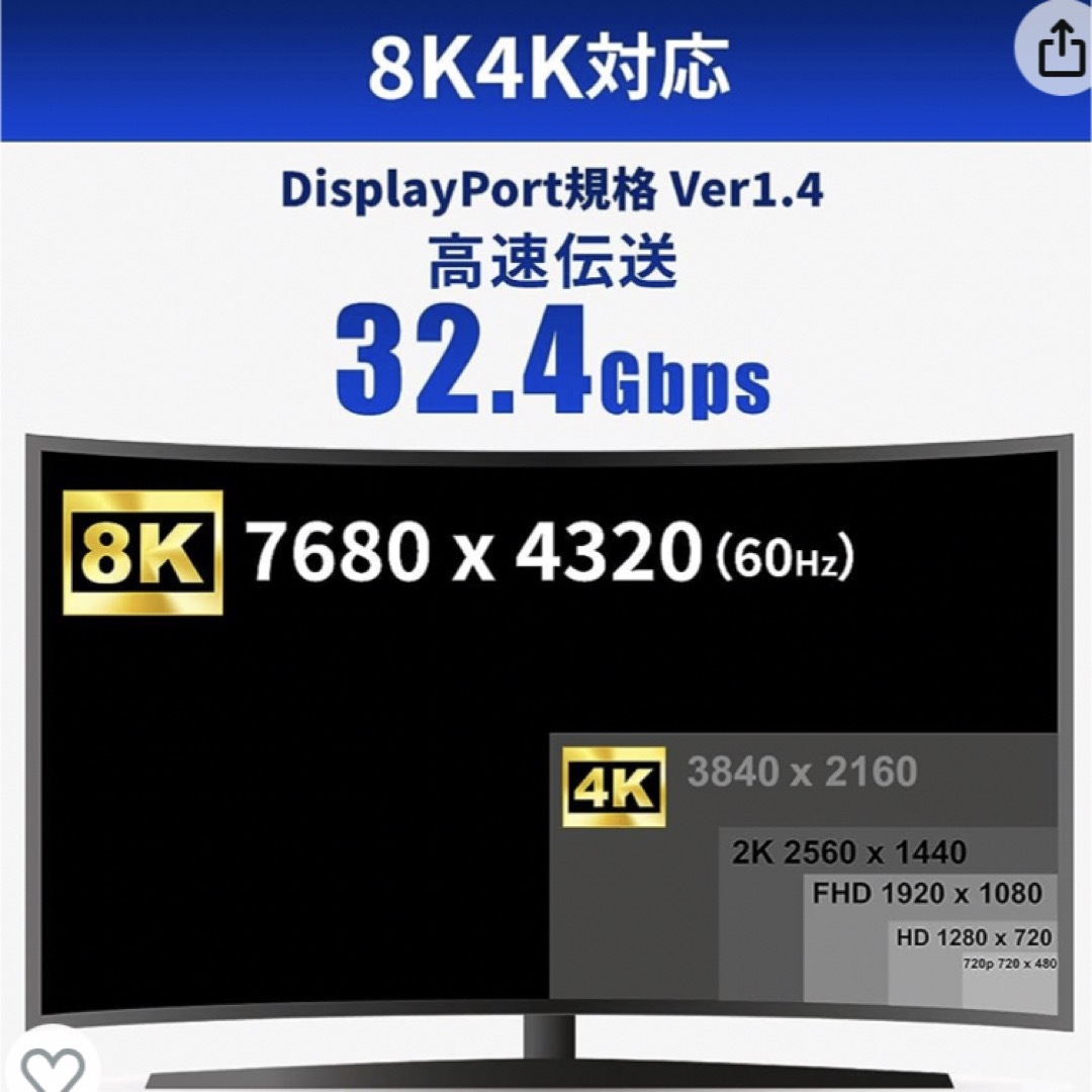DisplayPort ケーブル スマホ/家電/カメラのテレビ/映像機器(映像用ケーブル)の商品写真