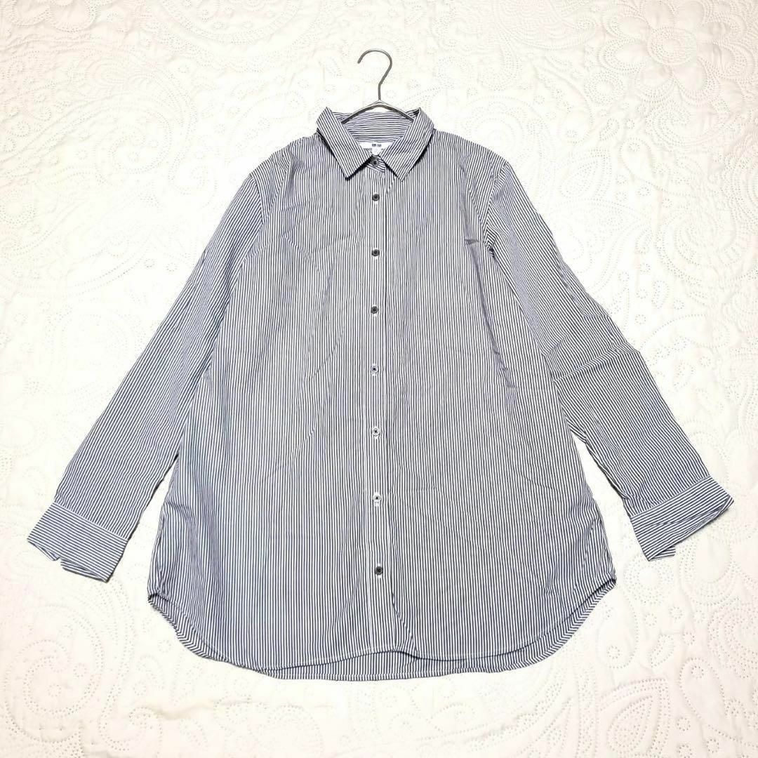 UNIQLO(ユニクロ)のユニクロ レディース【M】ストライプシャツ♡綿100% カジュアル♡白 薄茶 レディースのトップス(シャツ/ブラウス(長袖/七分))の商品写真