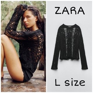 ザラ(ZARA)のZARA　オープンニット セーター　Lサイズ　ブラック(Tシャツ(長袖/七分))