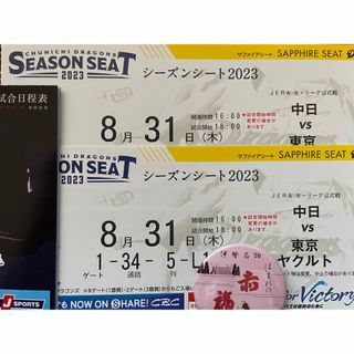 チュウニチドラゴンズ(中日ドラゴンズ)の8/31木曜　バンテリンドーム🎵　ヤクルトvs中日　内野s席　通路側ペア(野球)