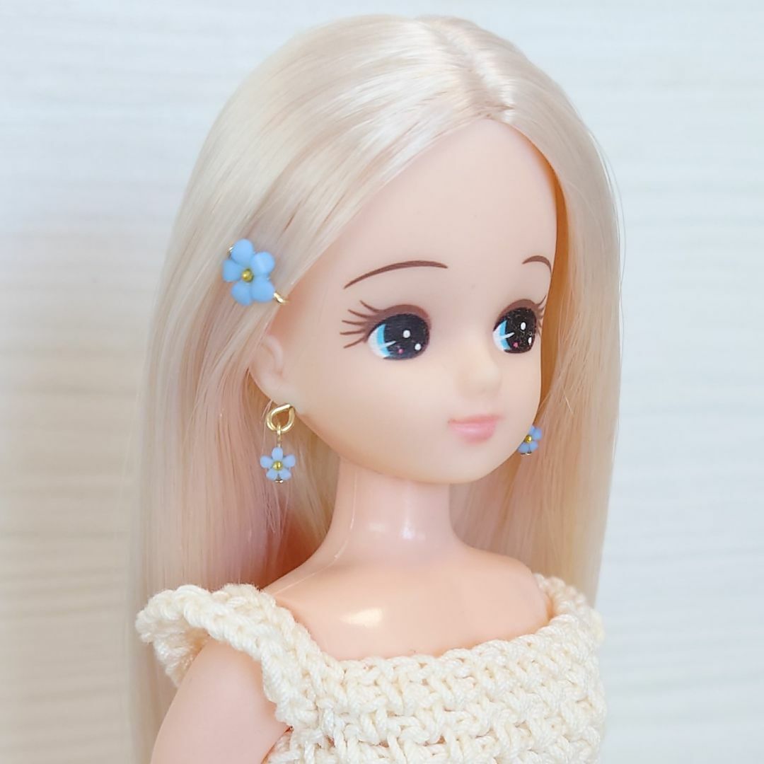 382リカちゃん ヘアピンピアスセット（お花・青）●●0730 ハンドメイドのぬいぐるみ/人形(その他)の商品写真