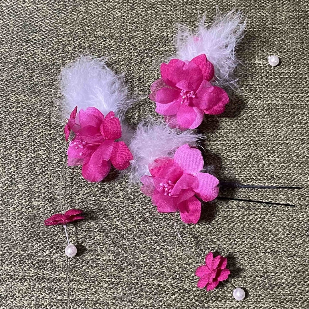 ヘアピン  フラワー 羽 パール ピンク 浴衣 振袖 3本 レディースの水着/浴衣(和装小物)の商品写真