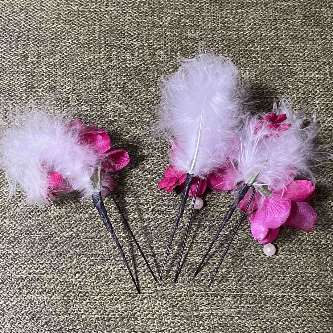 ヘアピン  フラワー 羽 パール ピンク 浴衣 振袖 3本 レディースの水着/浴衣(和装小物)の商品写真