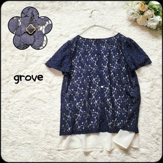 グローブ(grove)のgrove/グローブ●バックシャン♪総レース×シフォン裾レイヤード半袖ブラウス(シャツ/ブラウス(半袖/袖なし))