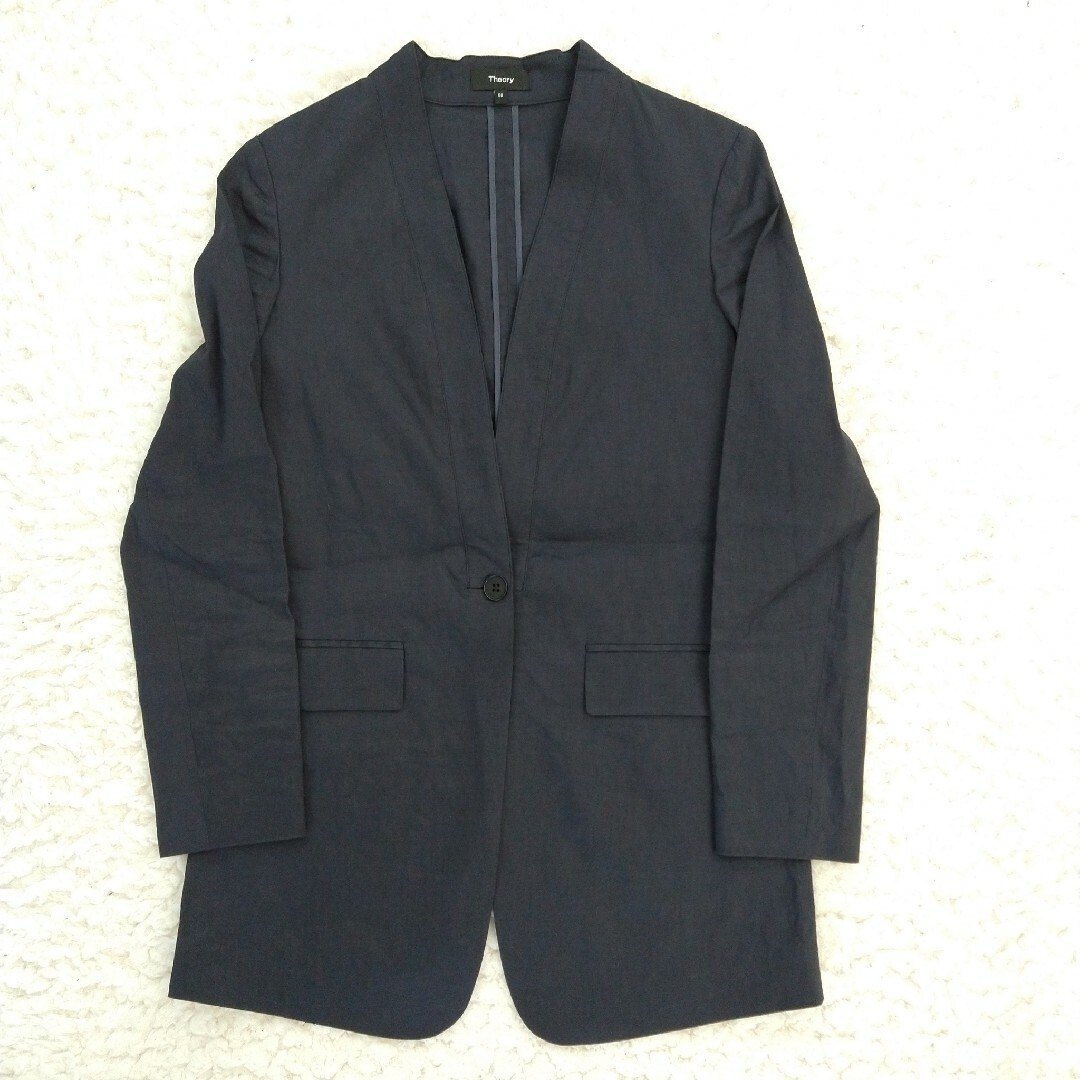 美品 セオリー リネンノーカラージャケット 8104117 ネイビー 00