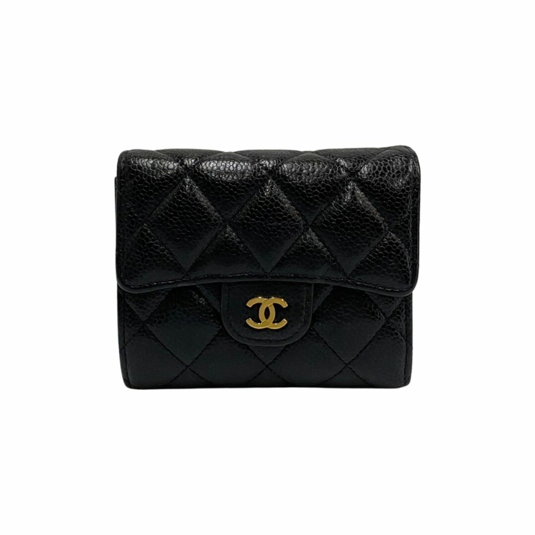 極 美品 シール有 28番台 CHANEL シャネル キャビアスキン マトラッセ ラムスキン レザー 二つ折り 財布 ミニ ウォレット ブラック 16218