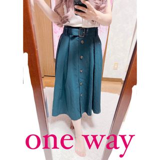 ワンウェイ(one*way)の5292.one way ネイビー ベルト付き フレア膝丈スカート(ひざ丈スカート)