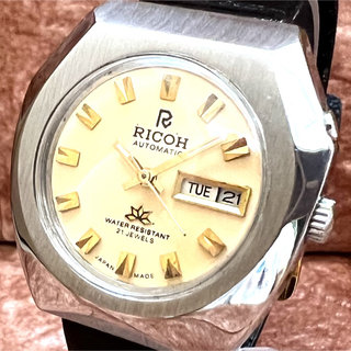 【レトロ】リコー/機械式自動巻き/ヴィンテージ腕時計/メンズ/ゴールド/四角型