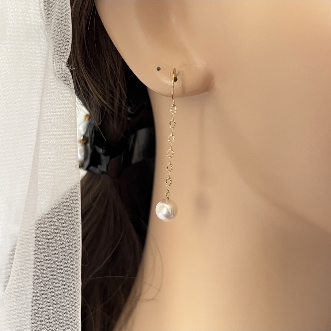 あこや真珠ピアス6.5-7mm/K18/ロングピアス/キラキラチェーン/日本製の