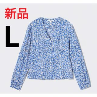 ユニクロ(UNIQLO)の新品　ユニクロ　プリントVネックブラウス（長袖）63ブルー　Lサイズ(シャツ/ブラウス(長袖/七分))