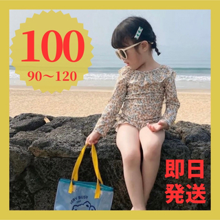 女の子　ベビー　水着　ボタニカル　長袖　UV　ワンピース　オレンジ　韓国(水着)