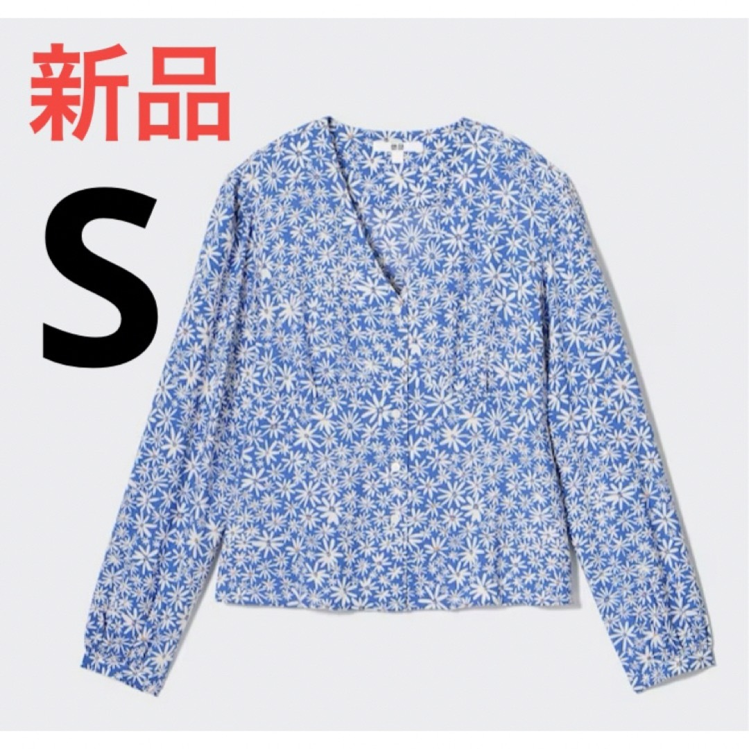 UNIQLO(ユニクロ)の新品　ユニクロ　プリントVネックブラウス（長袖）63ブルー　Sサイズ レディースのトップス(シャツ/ブラウス(長袖/七分))の商品写真