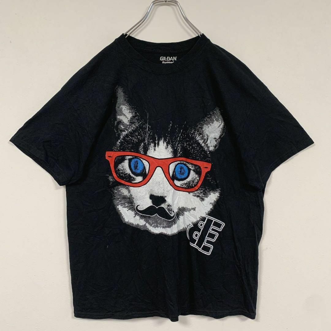 アニマル 猫メガネ GILDAN半袖 プリントシャツ Lサイズ