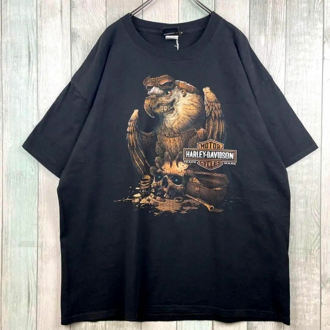 Harley Davidson(ハーレーダビッドソン)の古着　ハーレーダビッドソン　Tシャツ　両面プリント　鷲　ドクロ　黒　XL メンズのトップス(Tシャツ/カットソー(半袖/袖なし))の商品写真