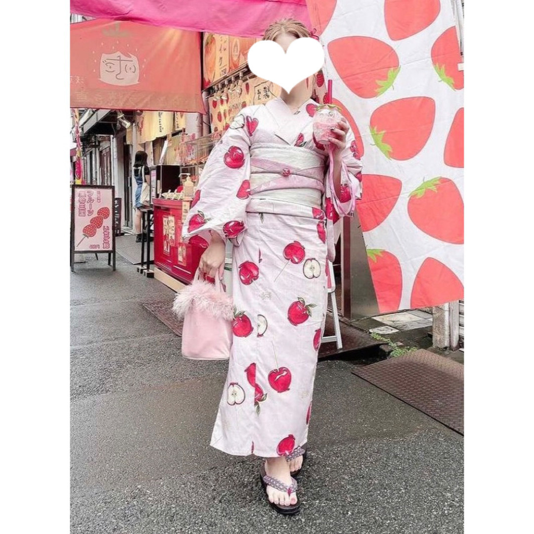 即納*林檎飴りんご浴衣3点セットピンクx赤ゆかた夏祭りの通販 by 即納*林檎飴りんご浴衣3点セットピンクx赤ゆかた夏祭りの通販 by
