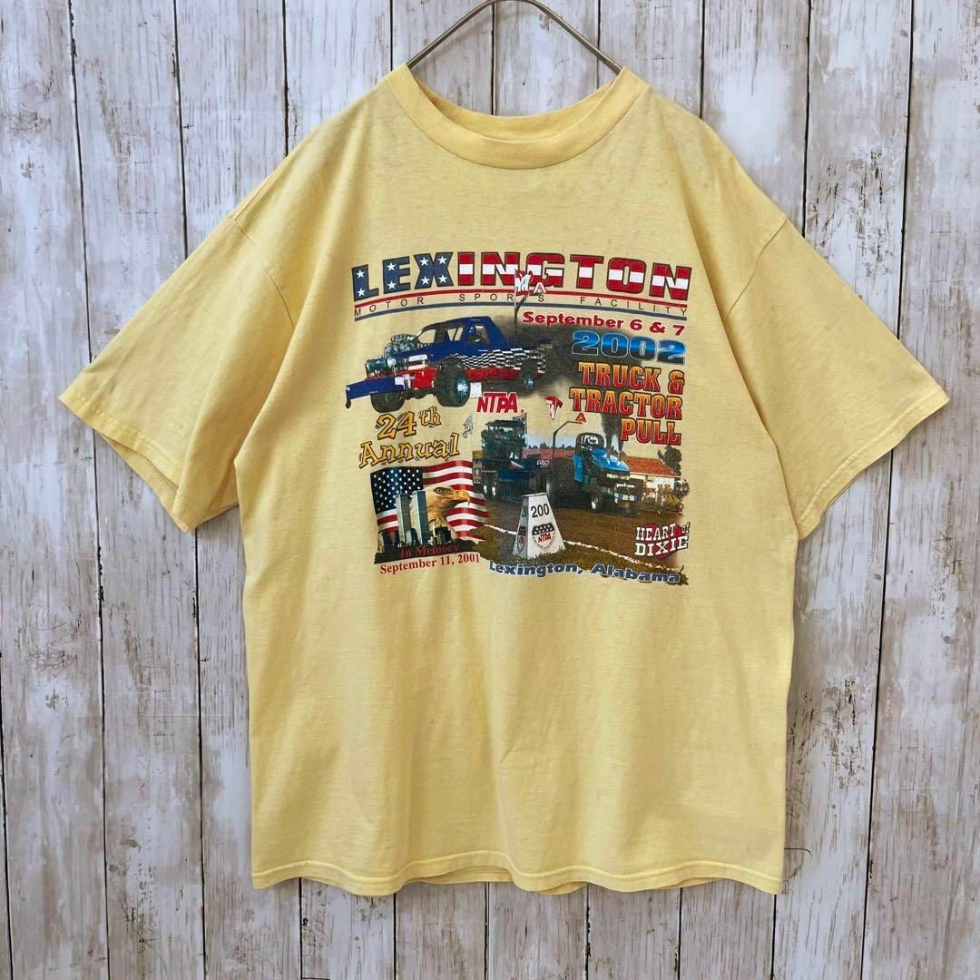 アメリカ古着　メンズ夏物　オーバーサイズバックプリントTシャツ　サイズL 黄色 メンズのトップス(Tシャツ/カットソー(半袖/袖なし))の商品写真