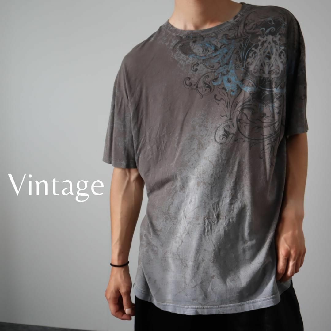 【vintage】トライバル デザイン グラデーション Tシャツ グレー XL