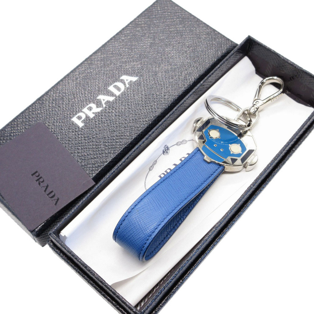 美品 プラダ サフィアーノレザー 2PP074 ロボット 猿 サル モンキー ブルー 青 チャーム キーホルダー 0055PRADA