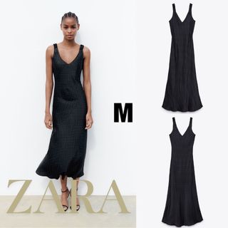 ザラ(ZARA)のZARA　ドット柄レーストリムワンピース M(ロングワンピース/マキシワンピース)