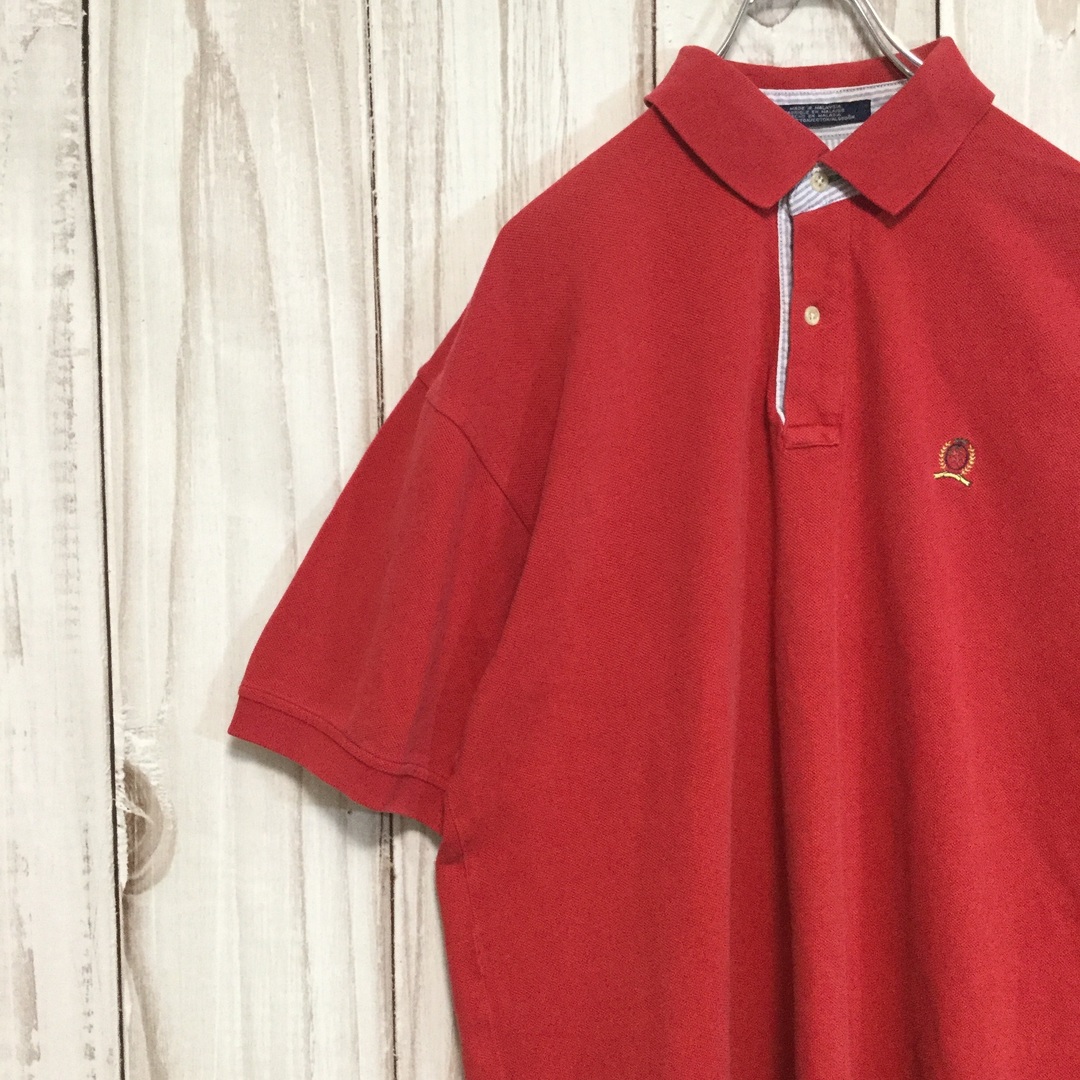 【トミーヒルフィガー 半袖ポロシャツ】90s 旧エンブレム刺繍 XL 赤