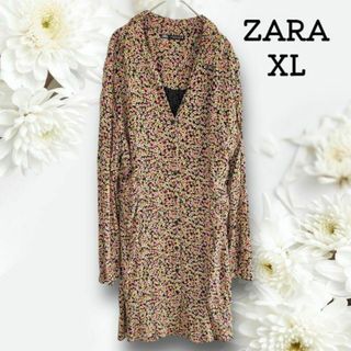 ザラ(ZARA)のザラ 花柄 シャツ ミニワンピース 羽織り 襟付きスキッパー シャーリング(ミニワンピース)