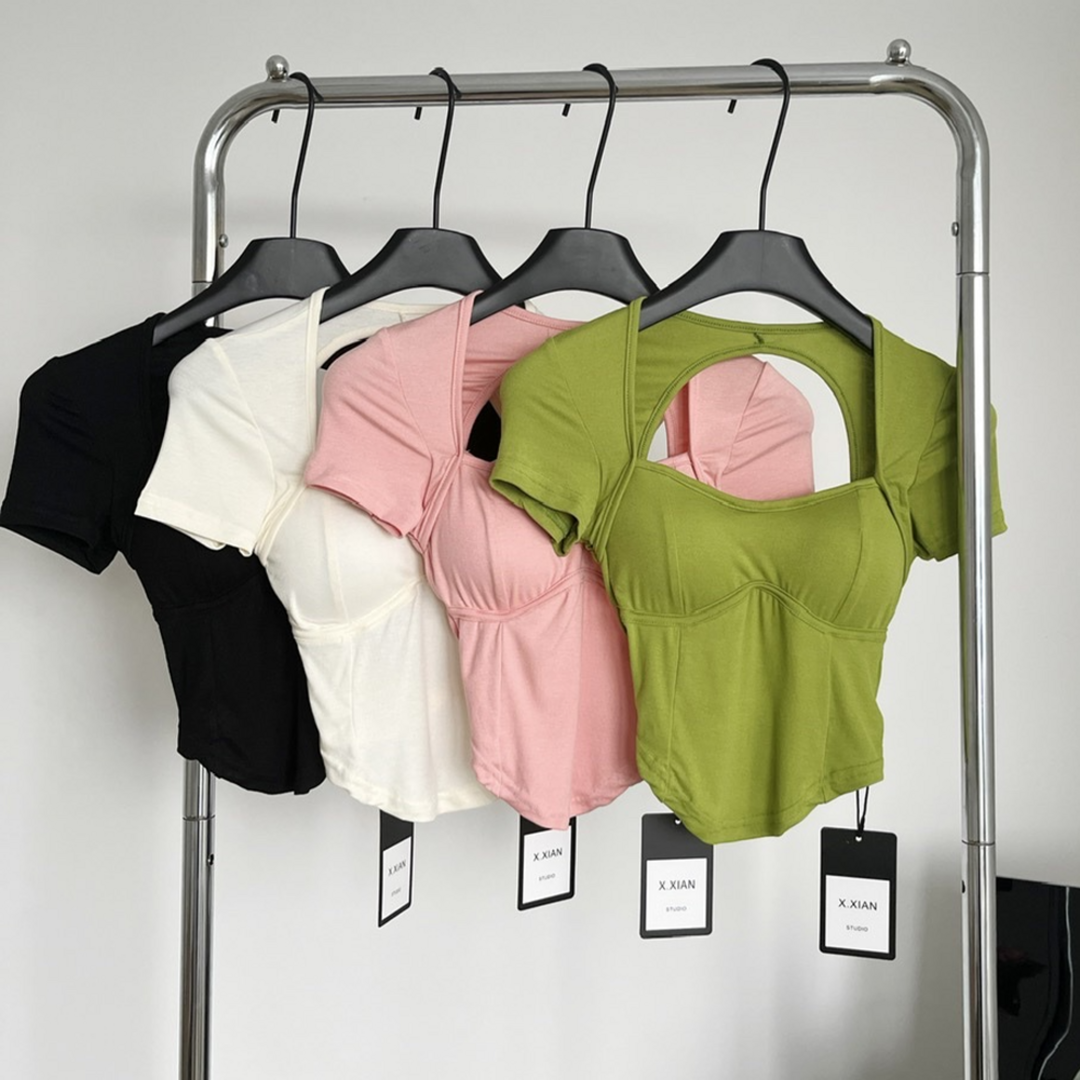 カップ付き♡バックオープンTシャツ レディース 背中あき 夏 新品 半袖 黒 レディースのトップス(ベアトップ/チューブトップ)の商品写真