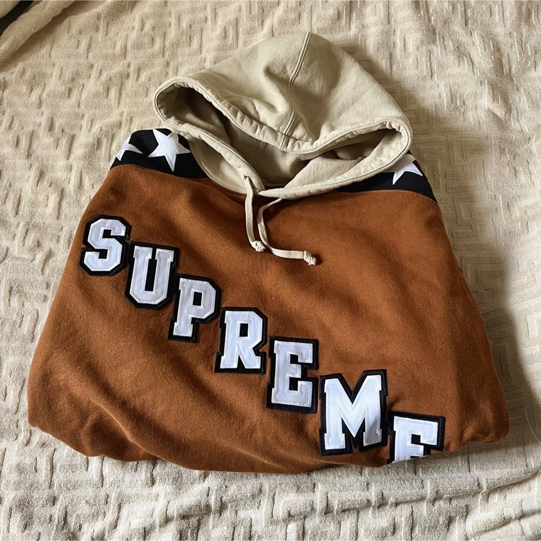 SUPREME パーカー　ブラウン　ベージュ　ナンバー　ロゴ　スウェット　L