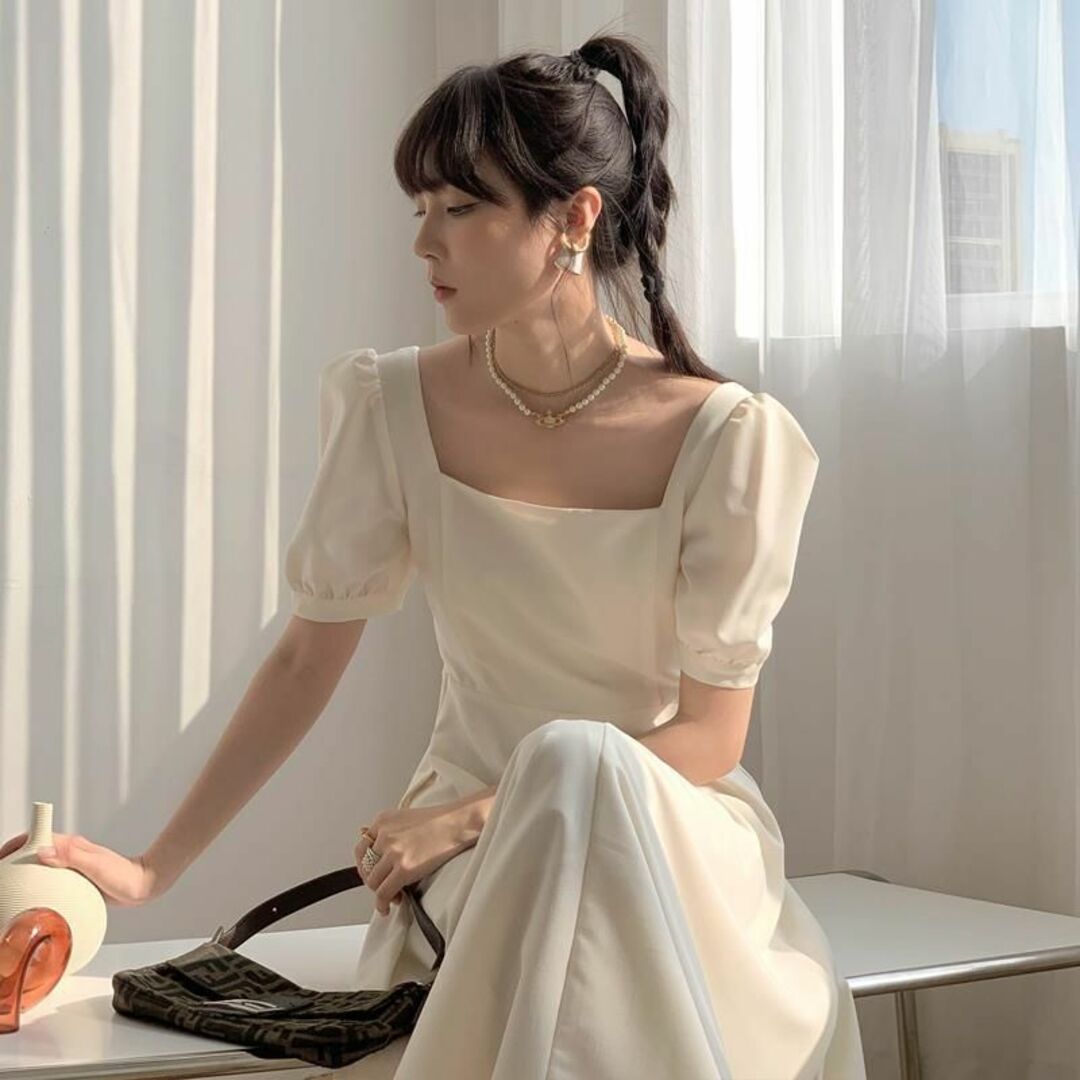 スクエアネックパフスリーブロングワンピース ホワイト 韓国 夏 白 新品未使用 春夏❤️ シンプル パフスリーブ スクエアネック ワンピース