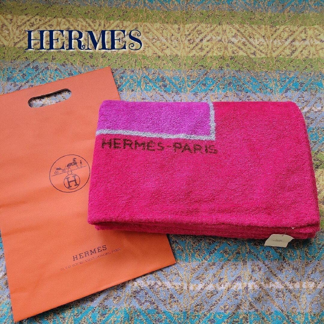 タグ付き　未使用　HERMES　エルメス　ビーチタオル　象　フューシャ