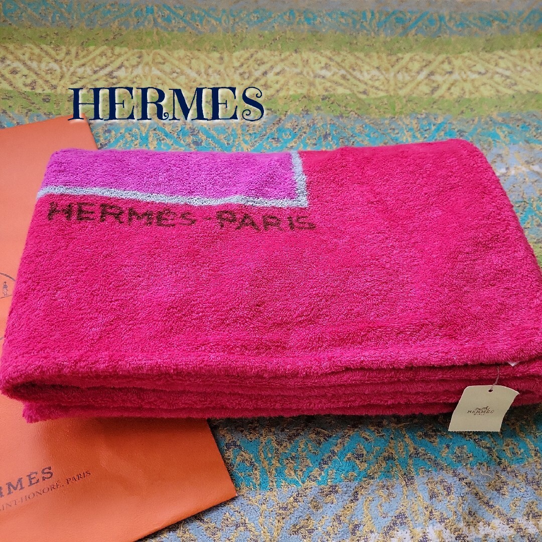 タグ付き　未使用　HERMES　エルメス　ビーチタオル　象　フューシャ