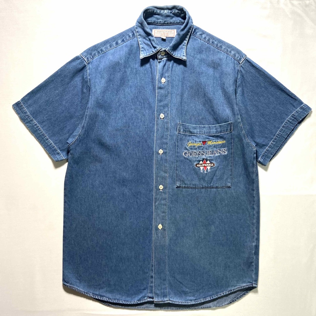 GUESS(ゲス)の90s USA製 GUESS JEANS デニムシャツ ロゴ刺繍 S 半袖 メンズのトップス(シャツ)の商品写真