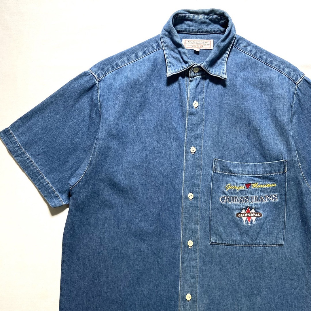 GUESS(ゲス)の90s USA製 GUESS JEANS デニムシャツ ロゴ刺繍 S 半袖 メンズのトップス(シャツ)の商品写真