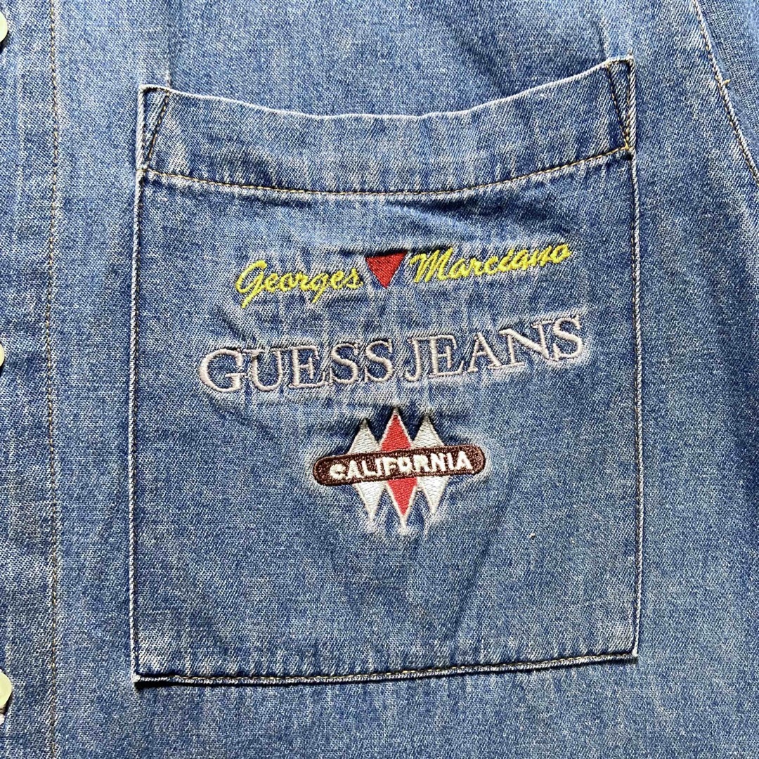 GUESS(ゲス)の90s USA製 GUESS JEANS デニムシャツ ロゴ刺繍 S 半袖 メンズのトップス(シャツ)の商品写真