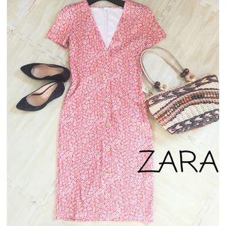 ザラ(ZARA)の完売品【ZARA ザラ】ワンピース　花柄　総柄　オレンジ　Mサイズ(ロングワンピース/マキシワンピース)