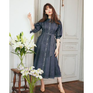 Chambray-trimmed Belted Long Dress