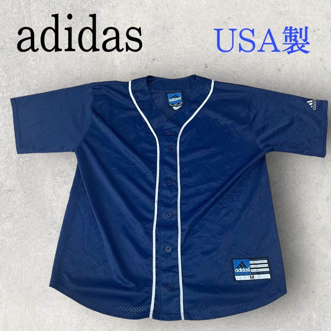 激レア USA製 adidas メッシュ ベースボールシャツ ワッペン ネイビー