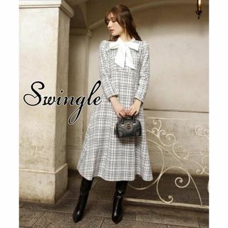 スウィングル(Swingle)の新品タグ付★Swingle 2WAYボウタイツイードドレスワンピース 0727(ひざ丈ワンピース)