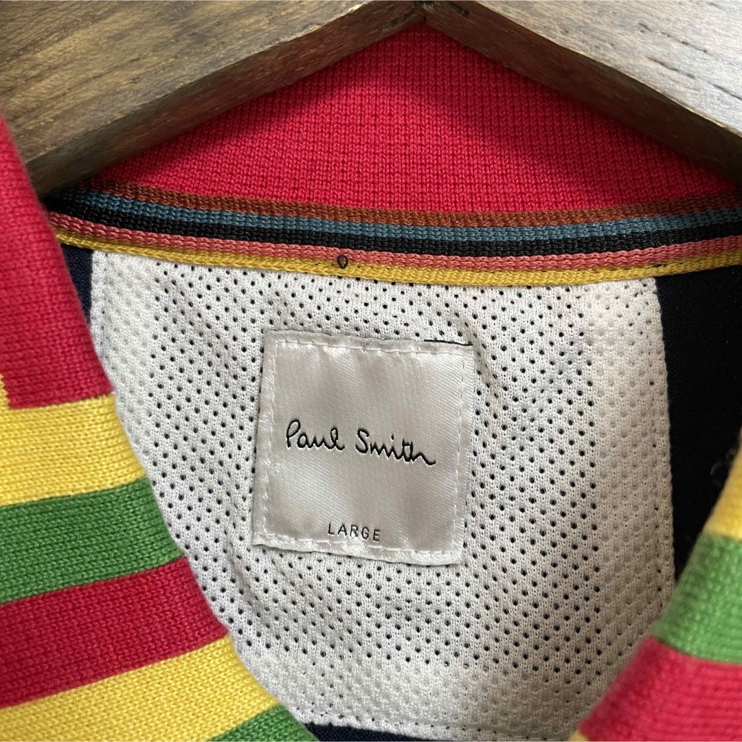 Paul Smith(ポールスミス)の【美品】ポールスミス Lサイズ ラスタカラー ポロシャツ ネイビー ラインカラー メンズのトップス(ポロシャツ)の商品写真