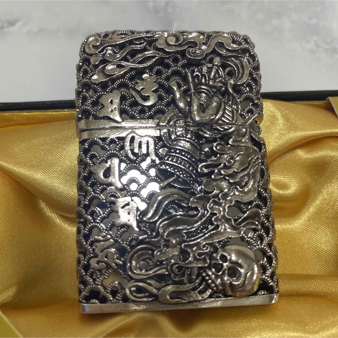 不動明王 全面装飾 フルオーダー フルメタルジャケット Zippo 和彫り 銀金