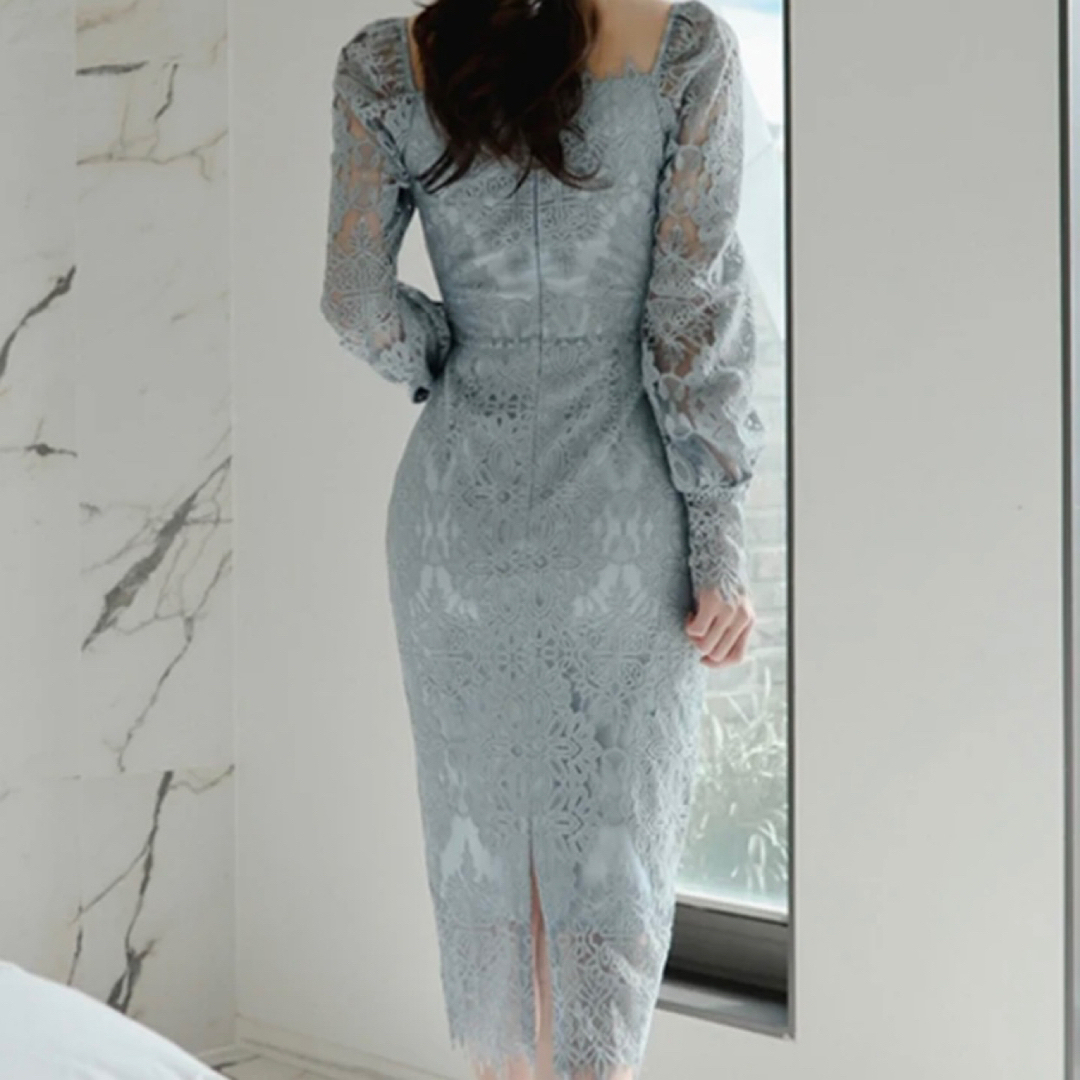 スクエアネックレースワンピース　ドレス　韓国　ブルー　青　水色　ミント　結婚式 1
