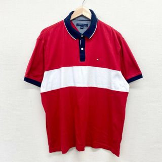 トミーヒルフィガー(TOMMY HILFIGER)のUS古着 トミーヒルフィガー TOMMY HILFIGER コットン ポロシャツ 半袖 ライン ワンポイント ロゴ 刺繍 サイズ：メンズ L ネイビー×レッド×ホワイト【中古】(ポロシャツ)