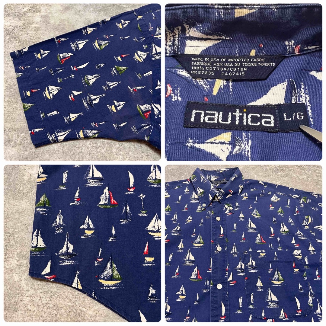 NAUTICA(ノーティカ)のノーティカ☆USA製レトロセーリングヨット柄半袖マリン総柄シャツ 90s ブルー メンズのトップス(シャツ)の商品写真