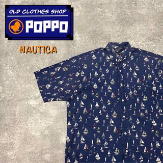 ノーティカ(NAUTICA)のノーティカ☆USA製レトロセーリングヨット柄半袖マリン総柄シャツ 90s ブルー(シャツ)